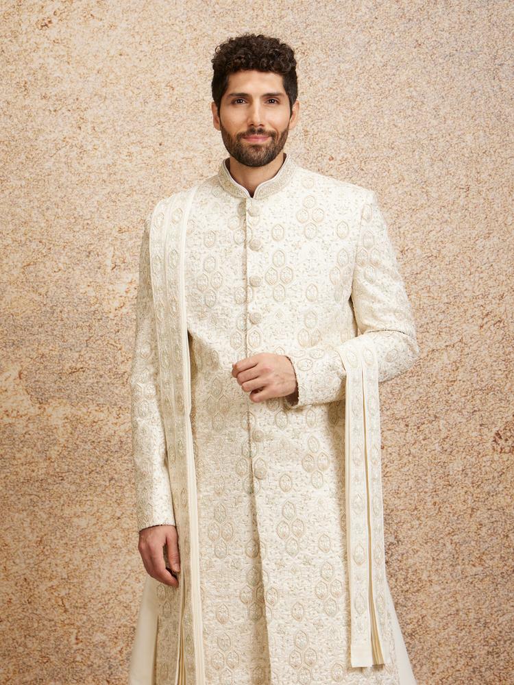 Twamev Men Regal Warm White Georgette Sherwani