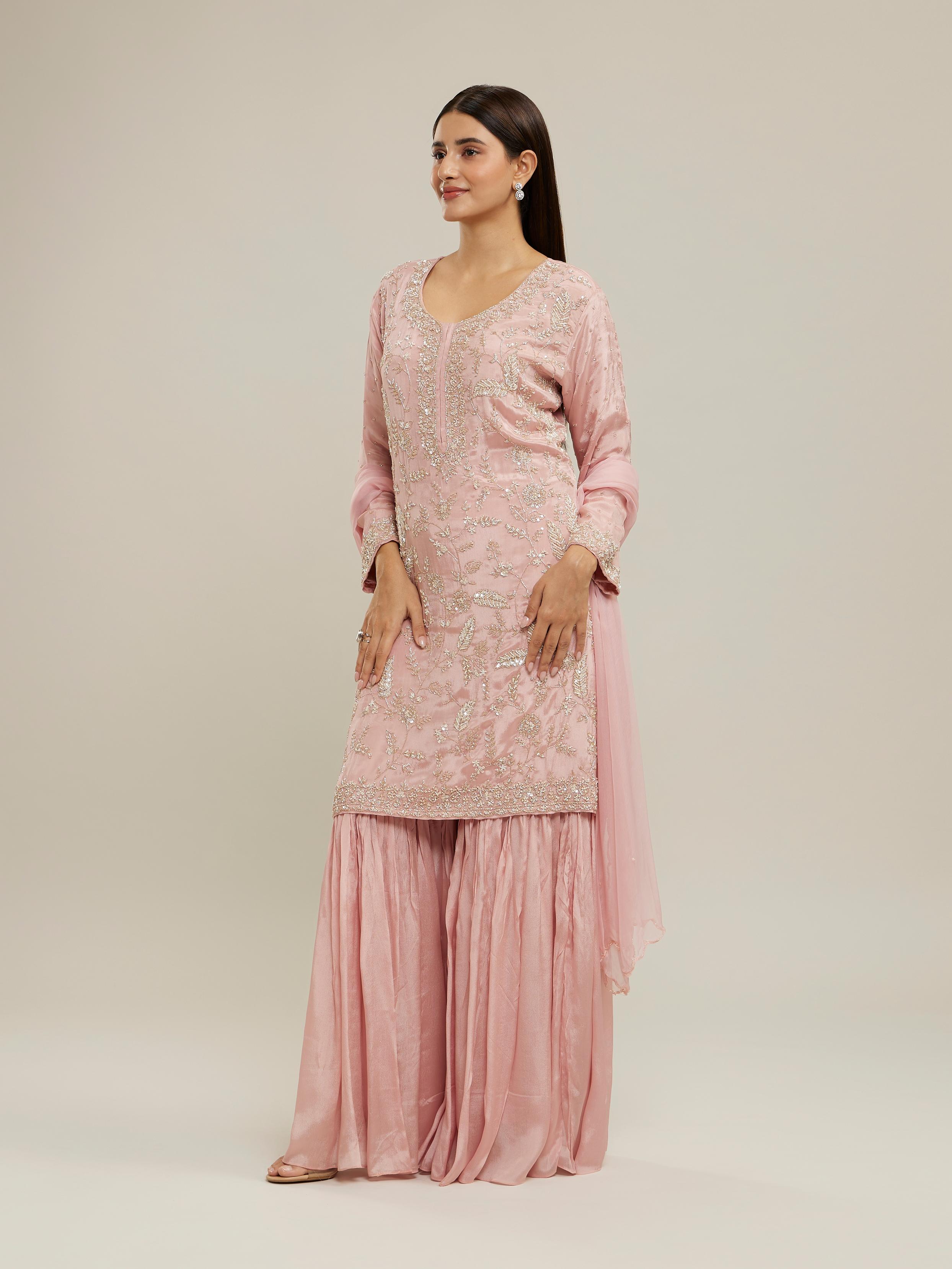 Twamev Women Glowing Pink Sharara Set Stitched Suit