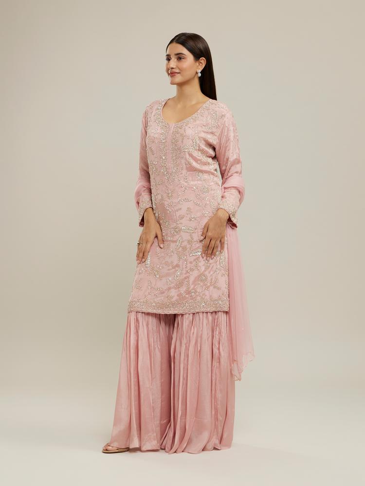 Twamev Women Glowing Pink Sharara Set Stitched Suit