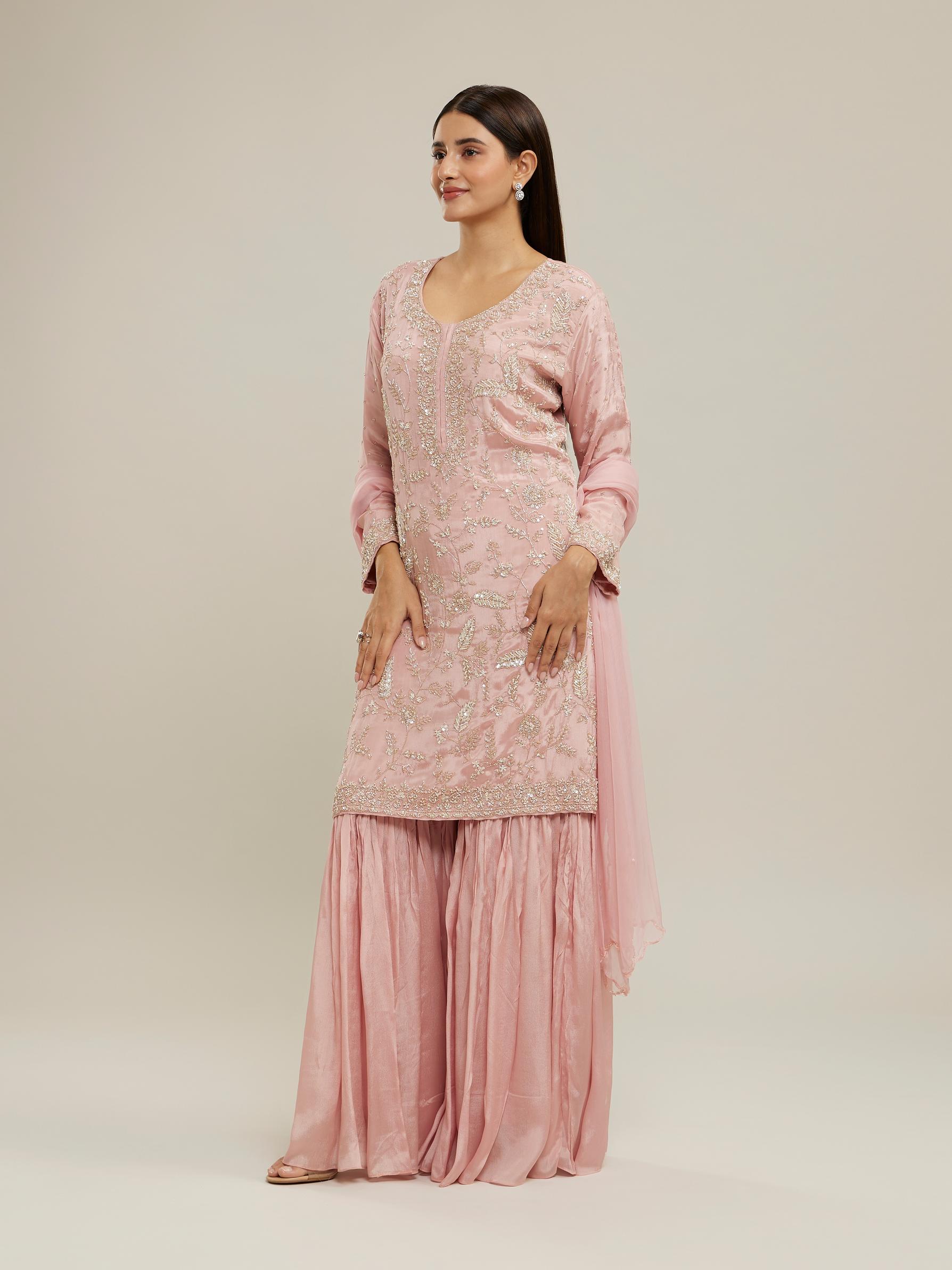 Twamev Women Glowing Pink Sharara Set Stitched Suit