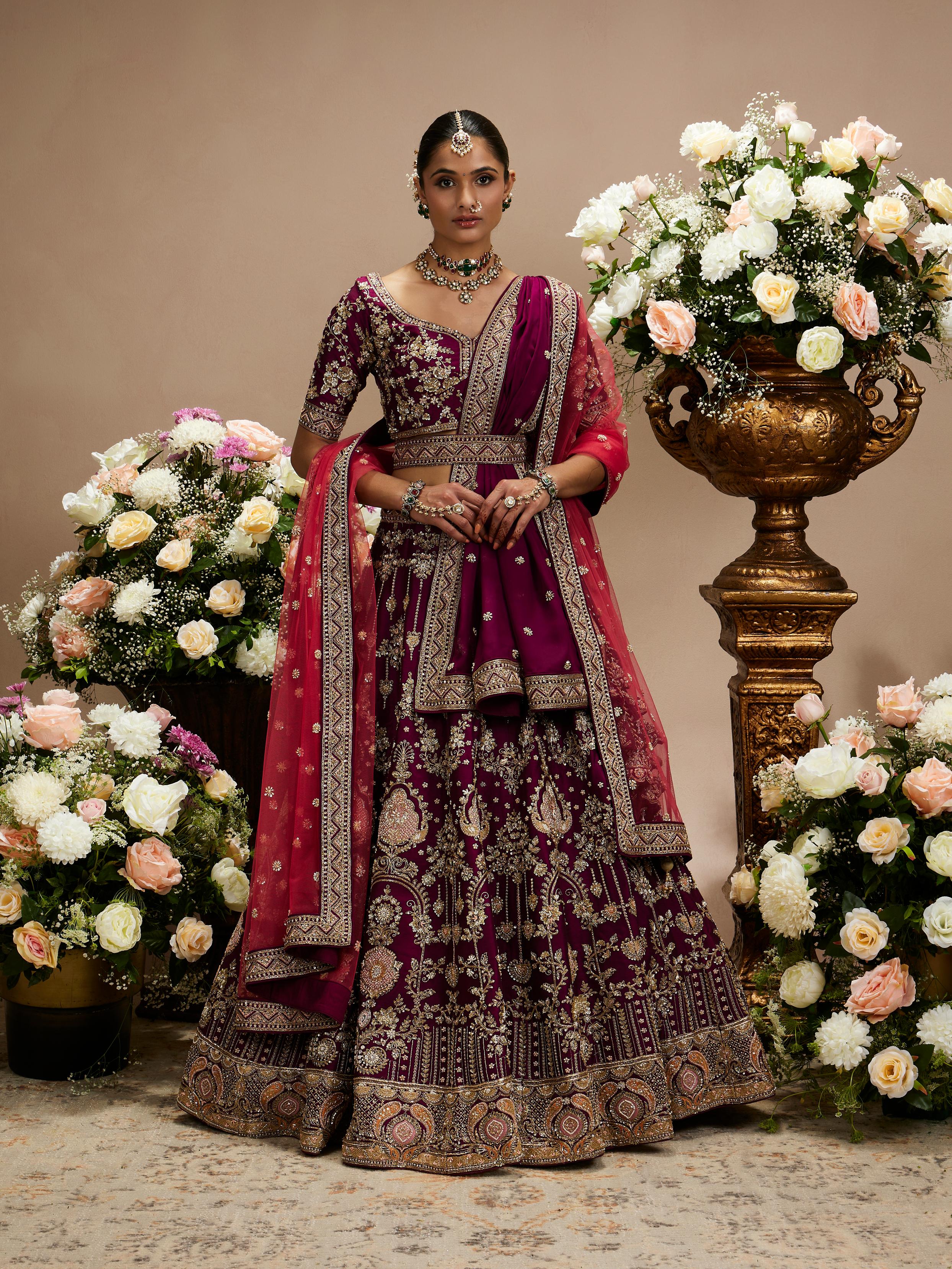 Twamev Women Wine Purple Zari Embroidered Lehenga with Medallion And Buta Motifs
