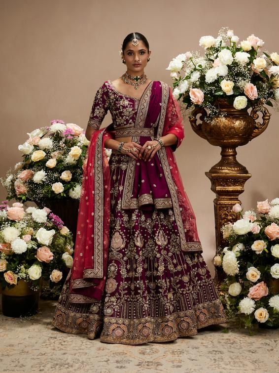 Twamev Women Wine Purple Zari Embroidered Lehenga with Medallion And Buta Motifs