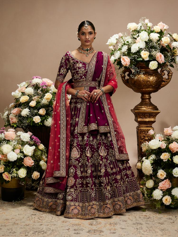 Twamev Women Wine Purple Zari Embroidered Lehenga with Medallion And Buta Motifs