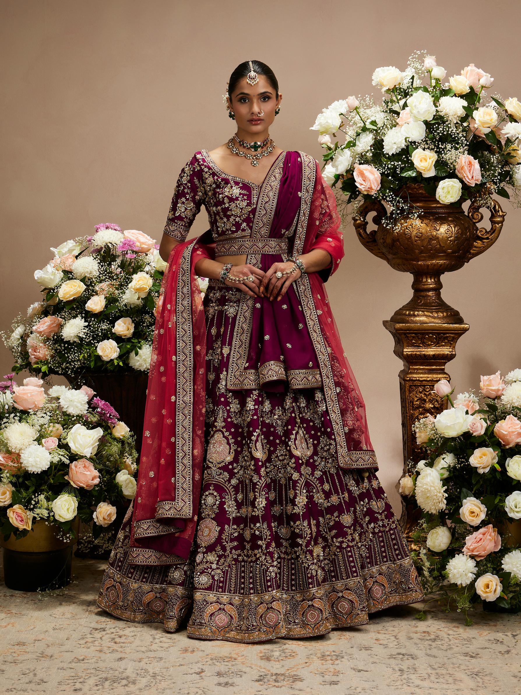 Twamev Women Wine Purple Zari Embroidered Lehenga with Medallion And Buta Motifs