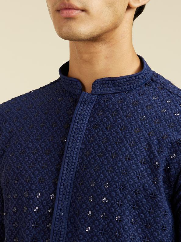 Diwas Men Navy Blue Chikankari Kurta with Sequin