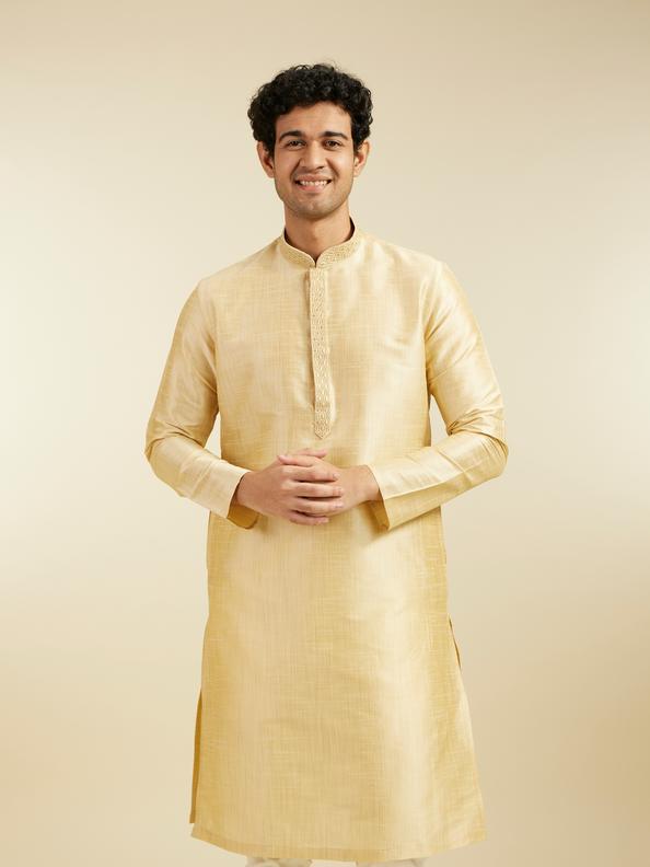 Diwas Men Light Fawn Self Textured Kurta with Embroidered Neckline