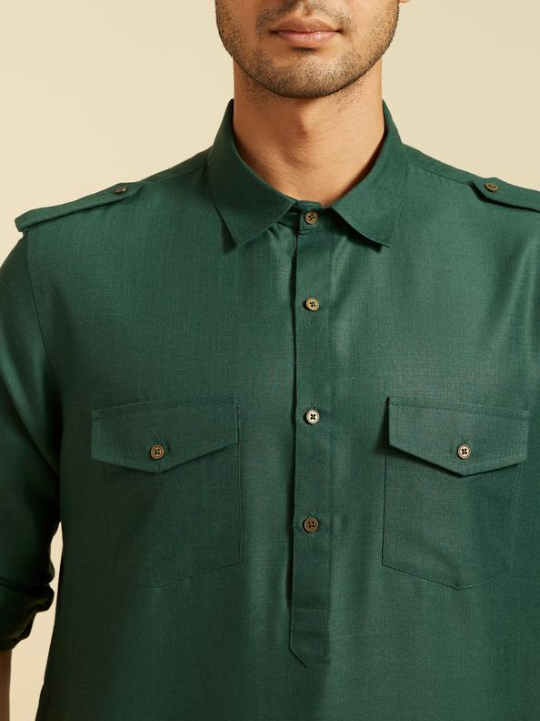 Diwas Men Bottle Green Paithani Style Kurta with Cuffed Sleeves