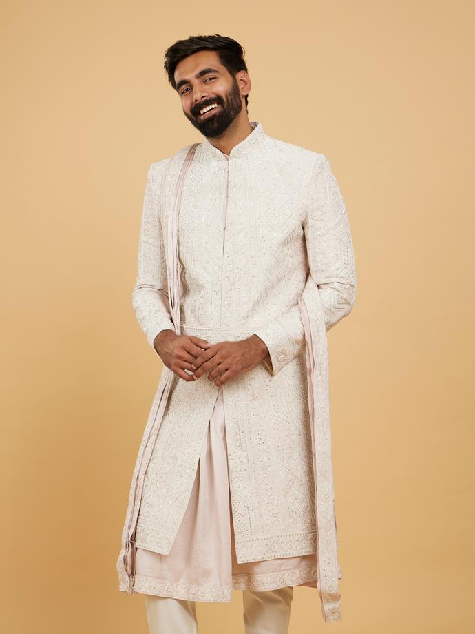Twamev Men Dusty Pink Silk Sherwani Set