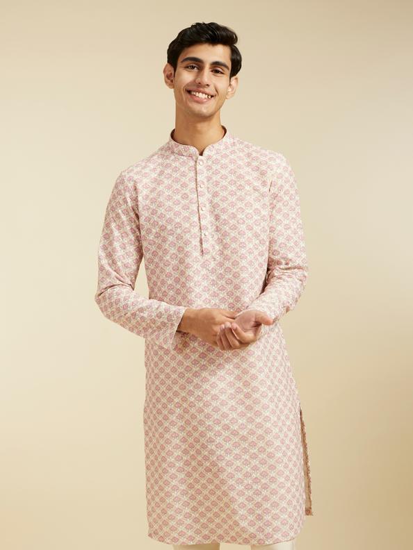 Diwas Men Bubblegum Pink Chikankari Printed Kurta