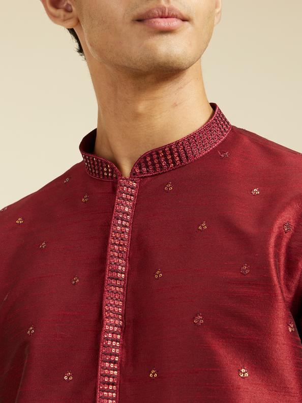 Diwas Men Maroon Red Buta Embroidered Kurta with Sequin Work