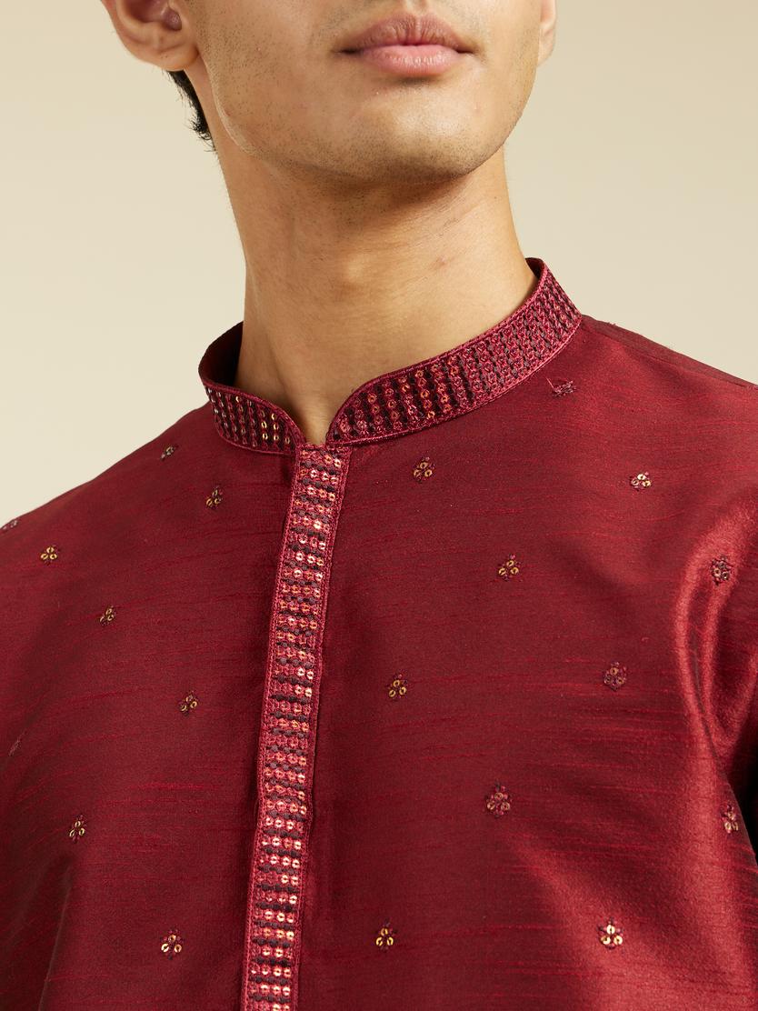 Diwas Men Maroon Red Buta Embroidered Kurta with Sequin Work