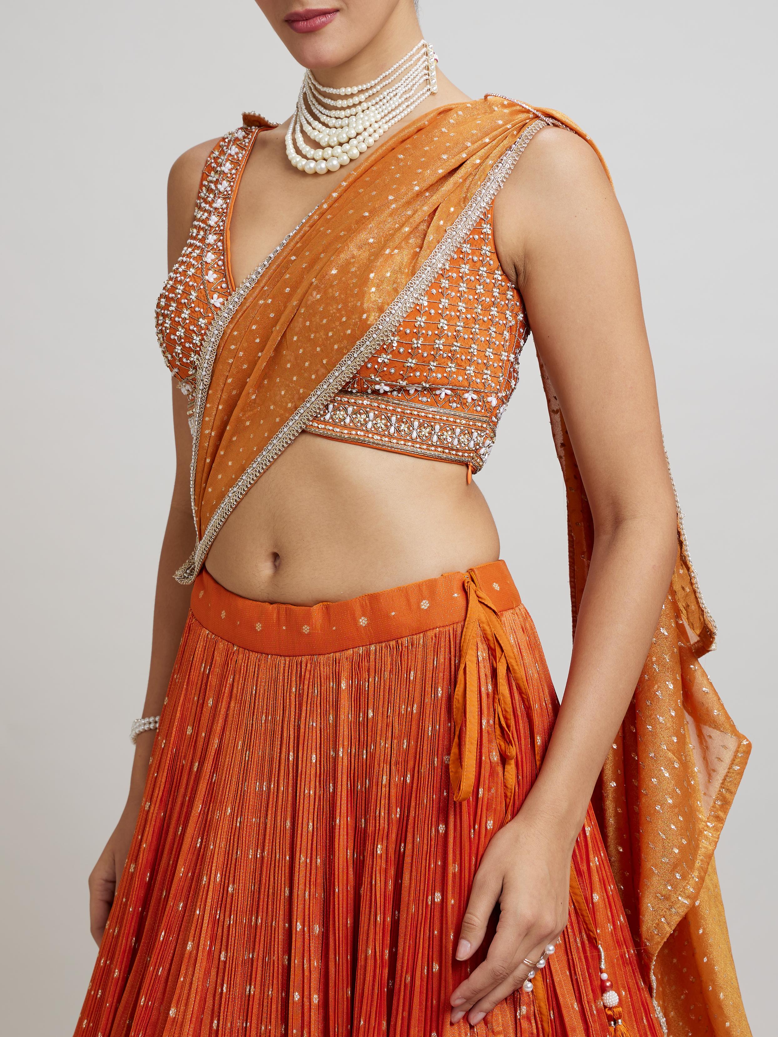 Twamev Women Orange Georgette Festive Lehenga