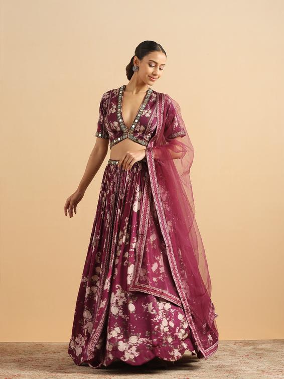 Twamev Women Royal Purple Floral Satin Skirt Top Set