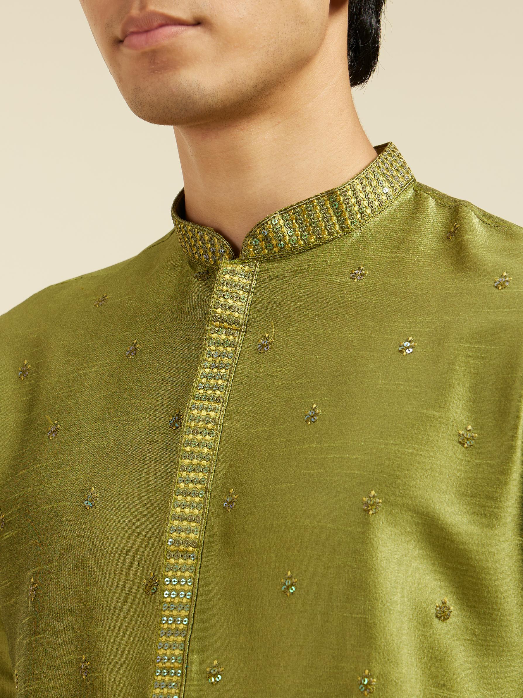 Diwas Men Olive Green Buta Embroidered Kurta with Sequin Work
