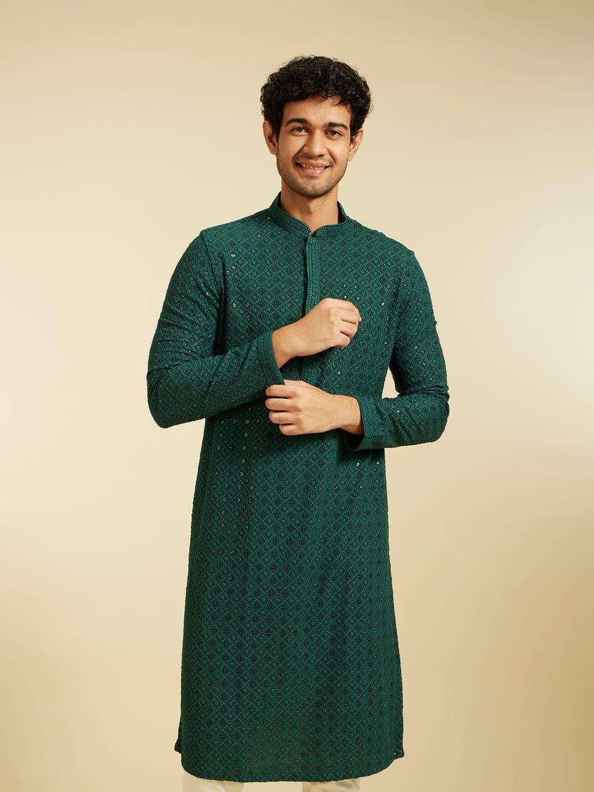 Diwas Men Bottle Green Chikankari Kurta with Sequin