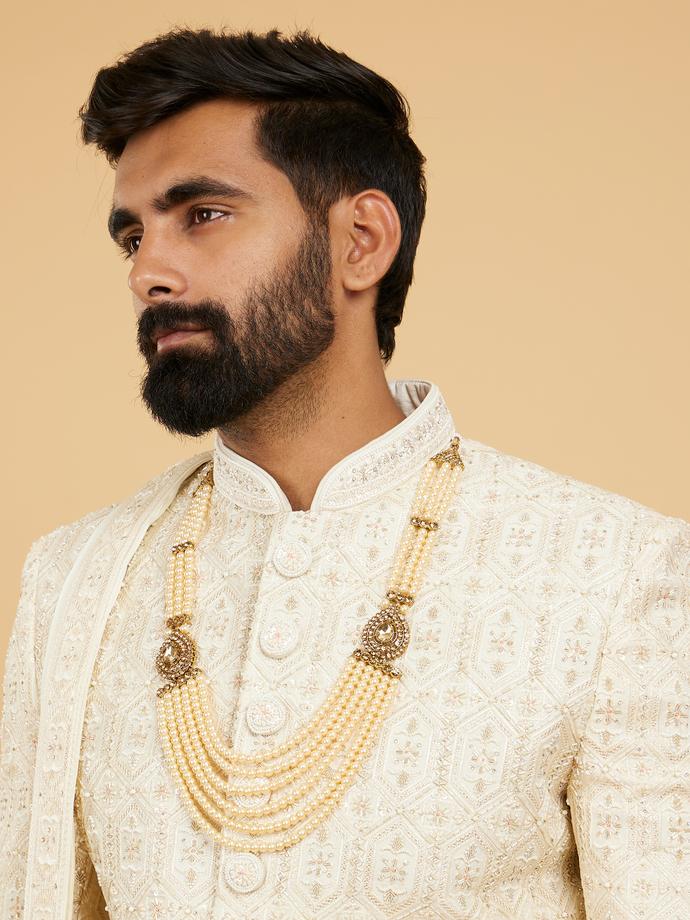 Twamev Men Cream Beige Honeycomb Patterned Sherwani Set with Mirror Work