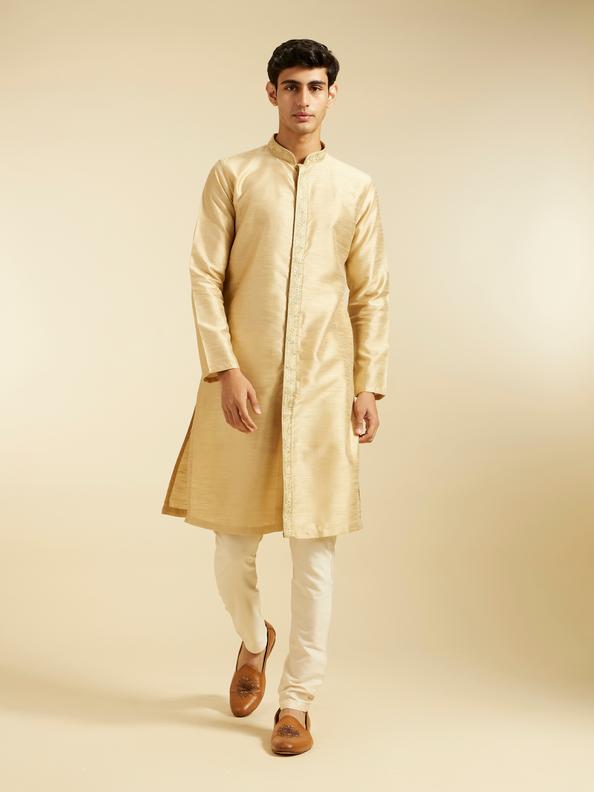 Diwas Men Sand Beige Self Textured Kurta with Embroidered Placket