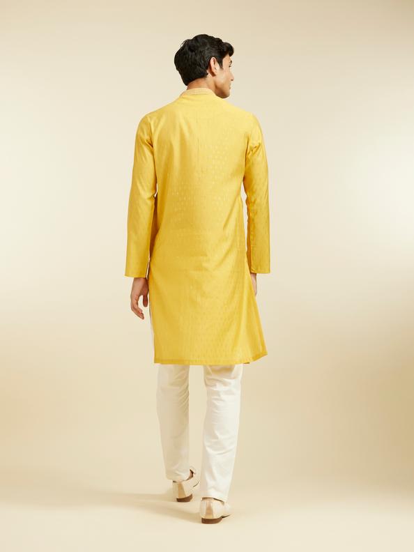 Diwas Men Mustard Yellow Kurta with Petal Motifs and Embroidered Placket