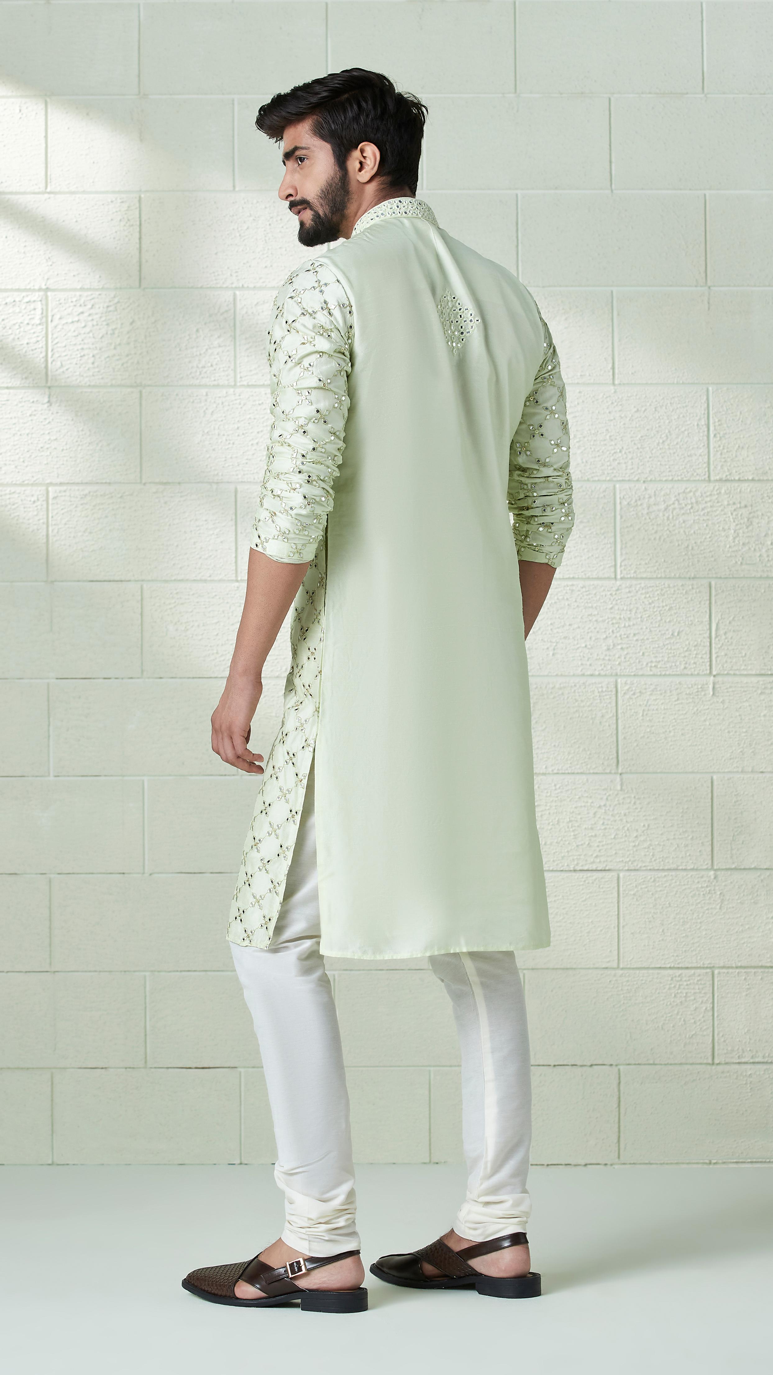 Twamev Men Mint Green Mirror Work Kurta Set