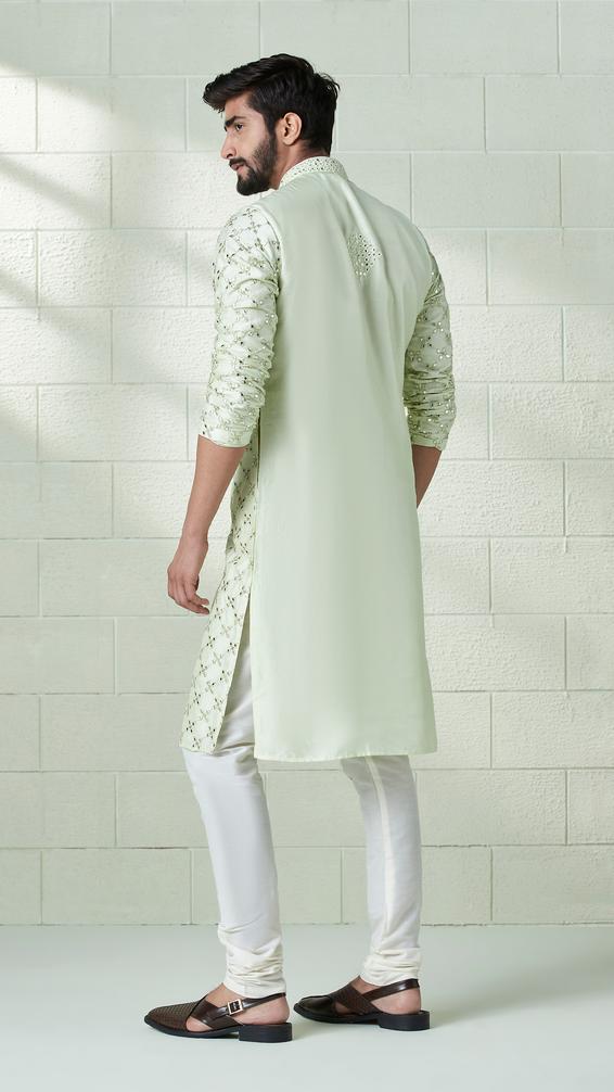 Twamev Men Mint Green Mirror Work Kurta Set
