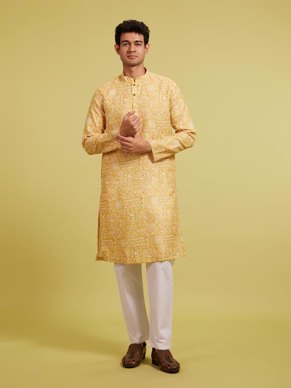 Diwas Men Mustard Yellow Aztec Printed Kurta