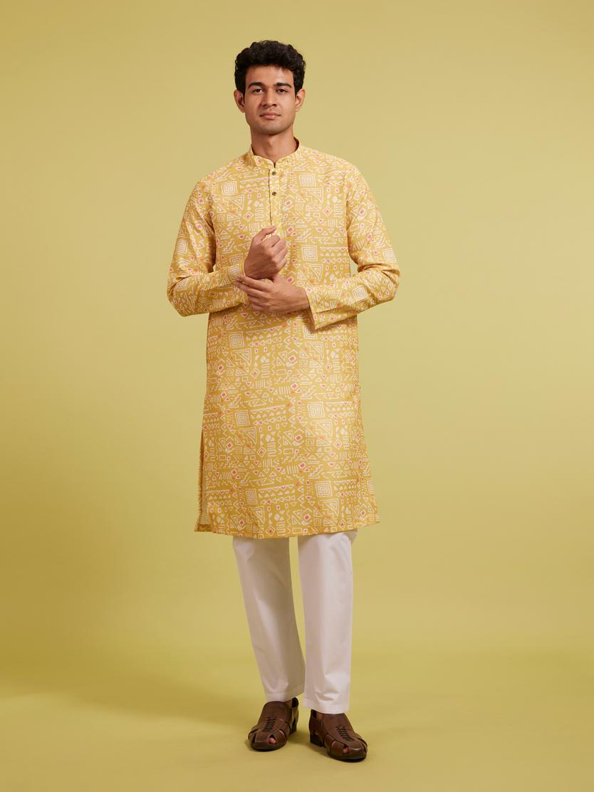 Diwas Men Mustard Yellow Aztec Printed Kurta