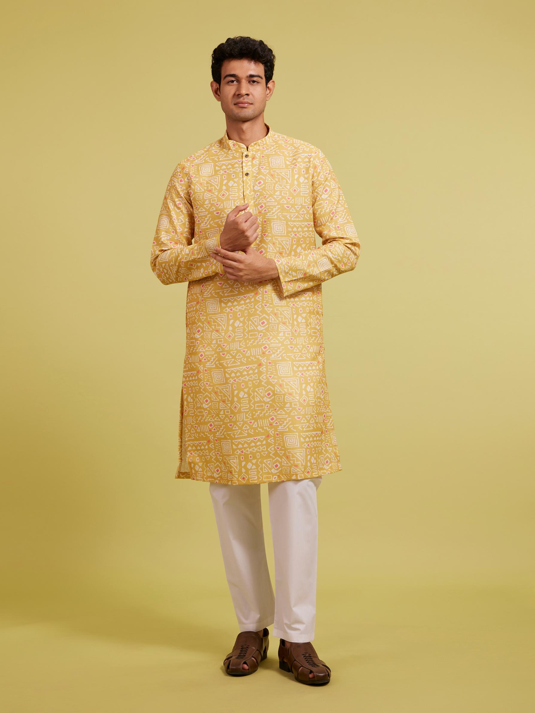 Diwas Men Mustard Yellow Aztec Printed Kurta
