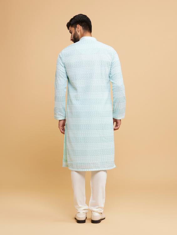 Twamev Men Aqua Green Georgette Kurta Pajama
