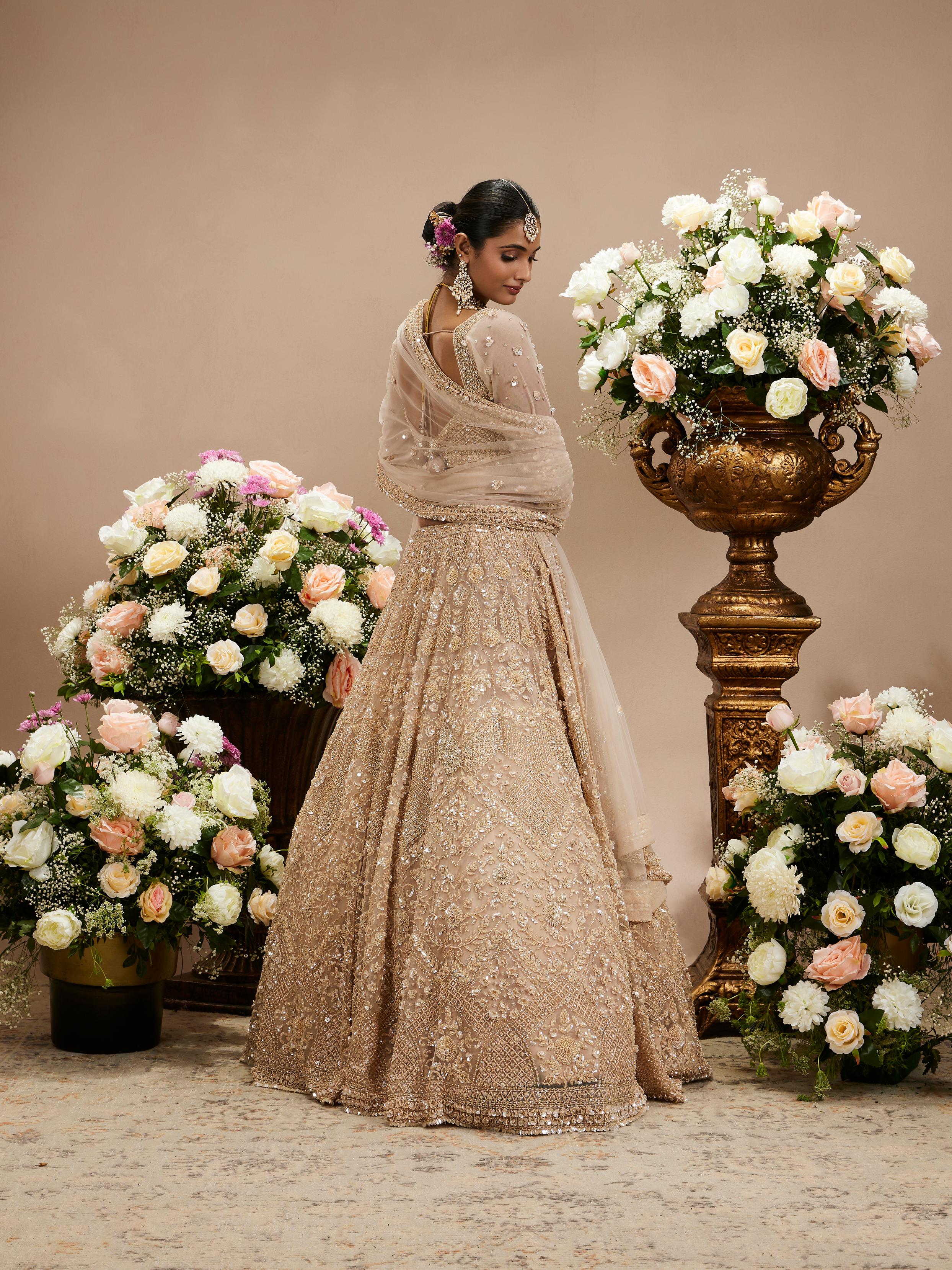 Twamev Women Honey Peach Jaal Patterned Lehenga with Floral Buta Motifs And Sequin And Stone Work