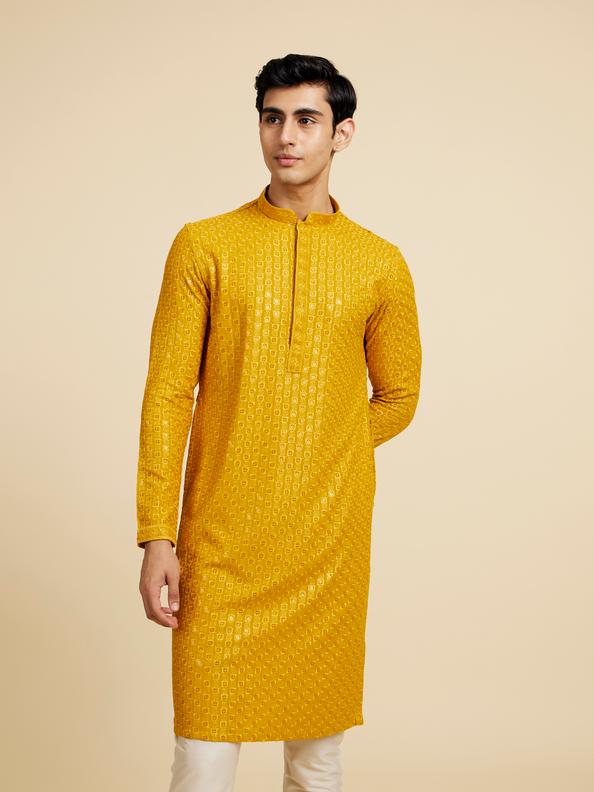 Diwas Men Mustard Yellow Chikankari Sequinned Kurta