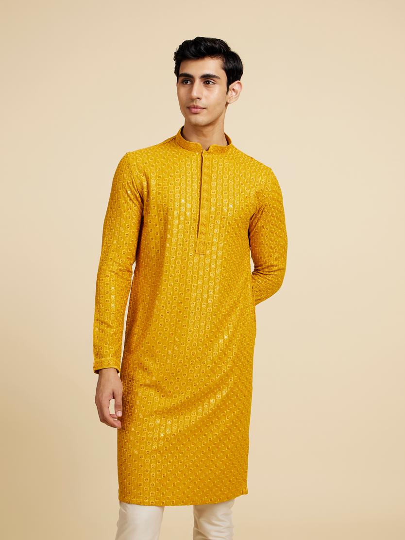 Diwas Men Mustard Yellow Chikankari Sequinned Kurta