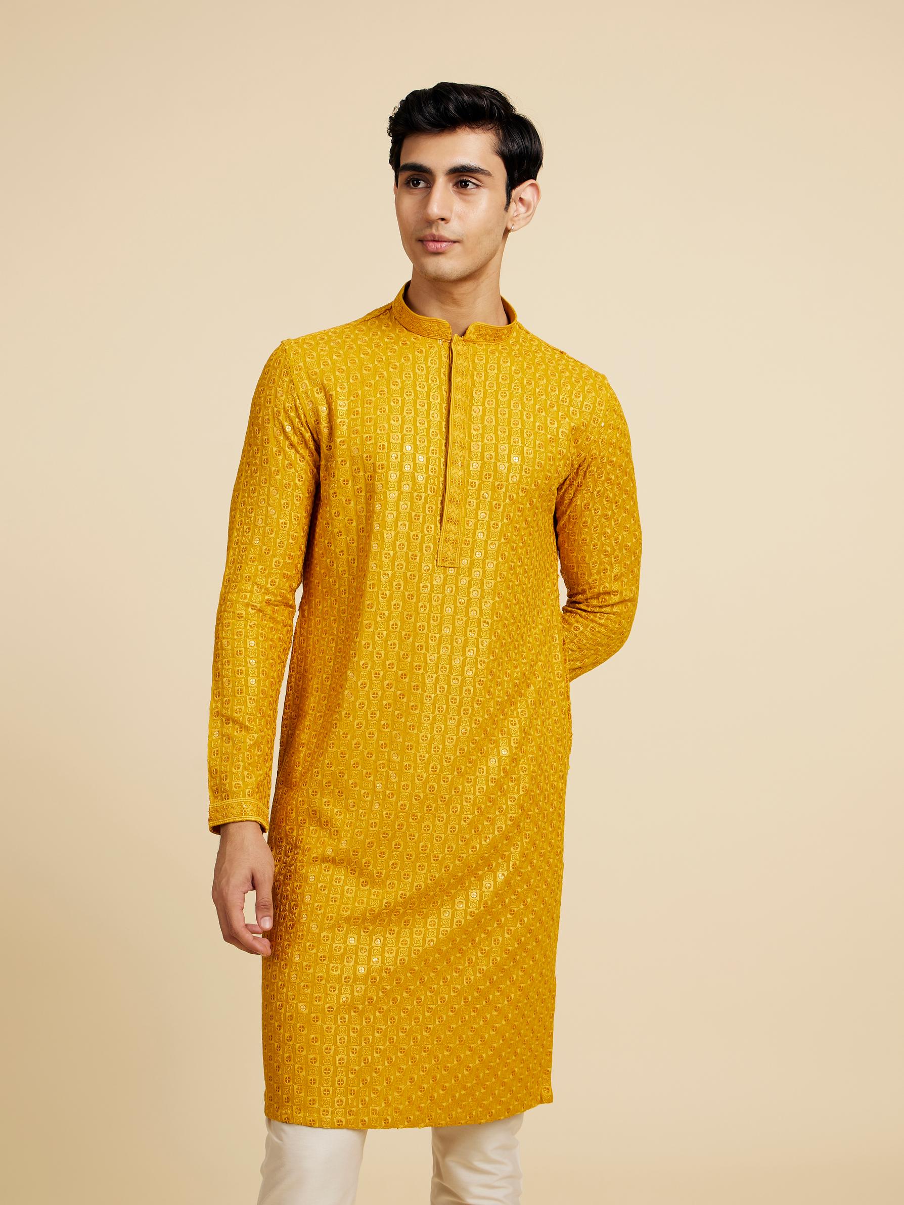 Diwas Men Mustard Yellow Chikankari Sequinned Kurta