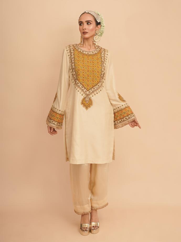 Twamev Women Cream Elegance Stitched Suit