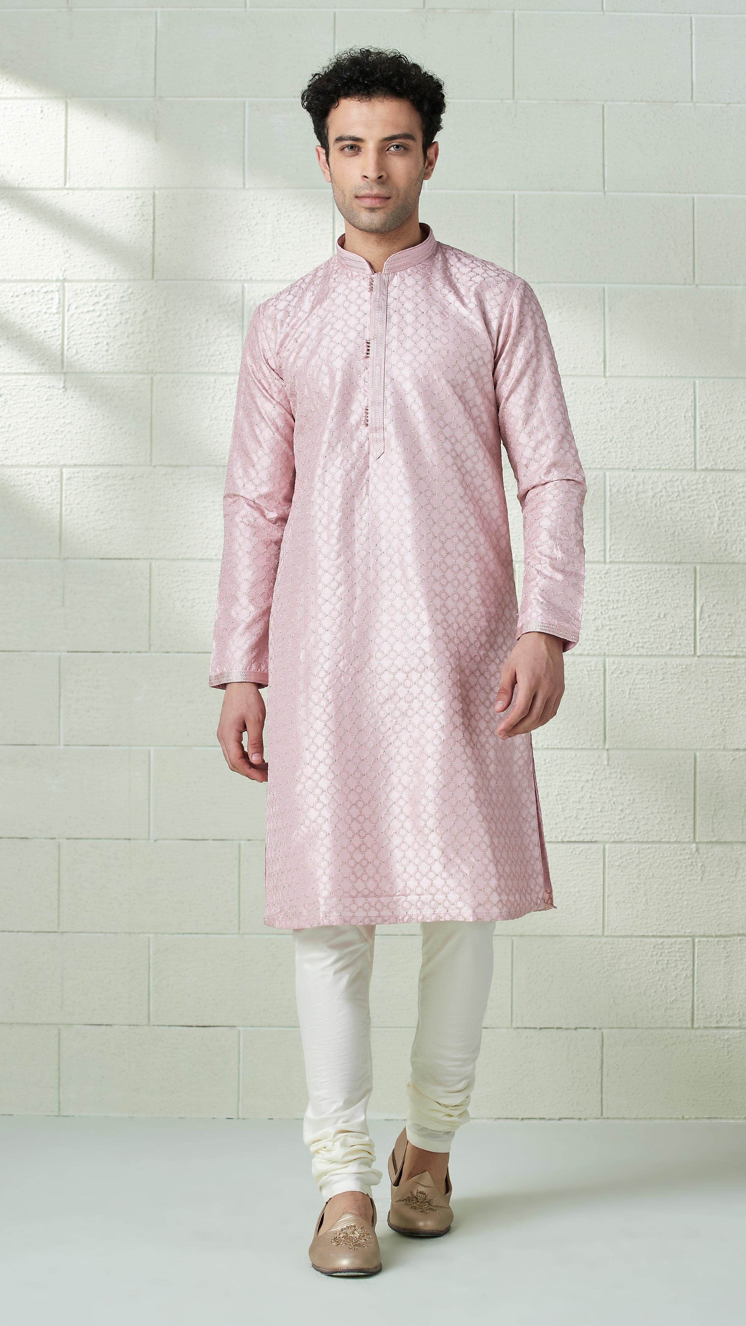 Twamev Men Blush Pink Self Motif Kurta Set