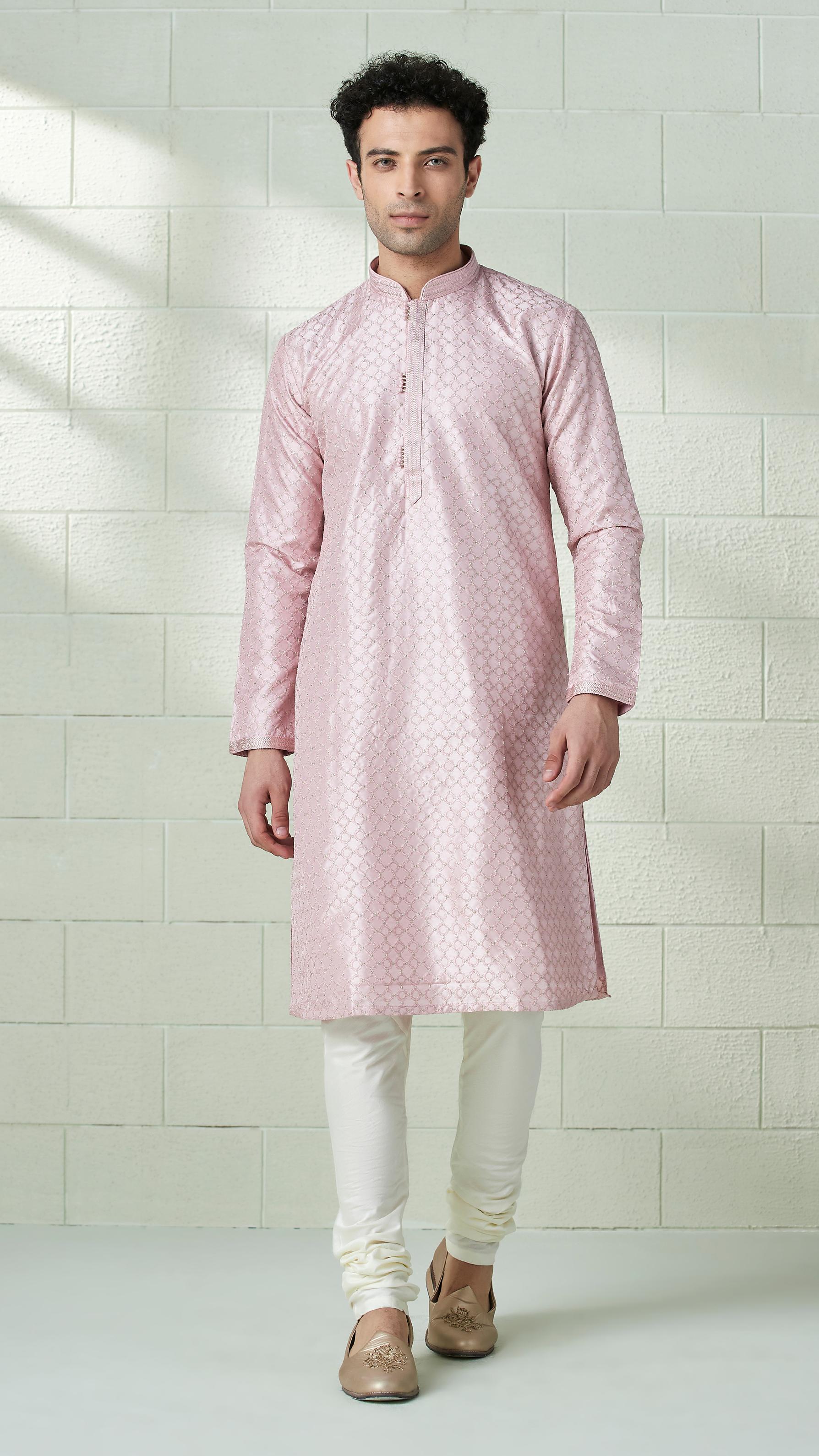 Twamev Men Blush Pink Self Motif Kurta Set