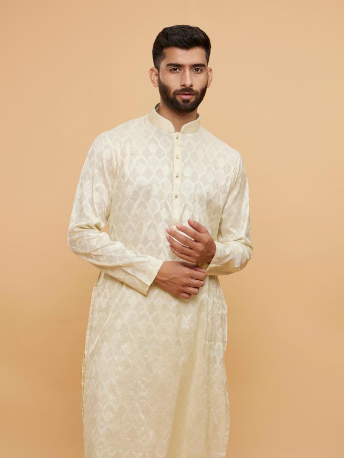 Twamev Men Lemon Yellow Ogee Patterned Kurta Set