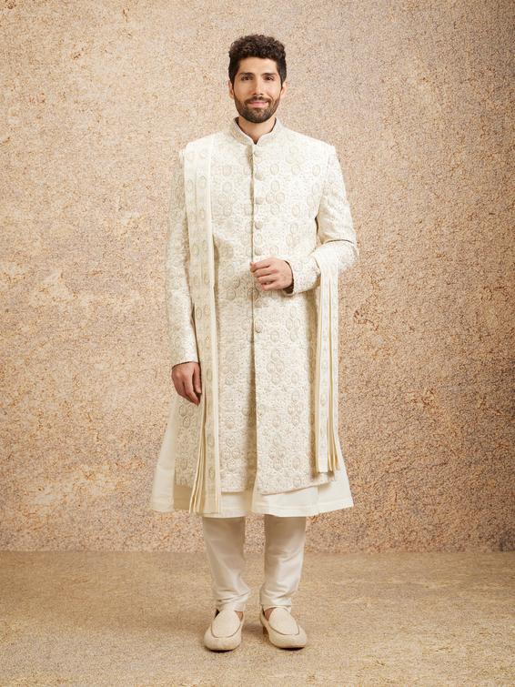 Twamev Men Regal Warm White Georgette Sherwani