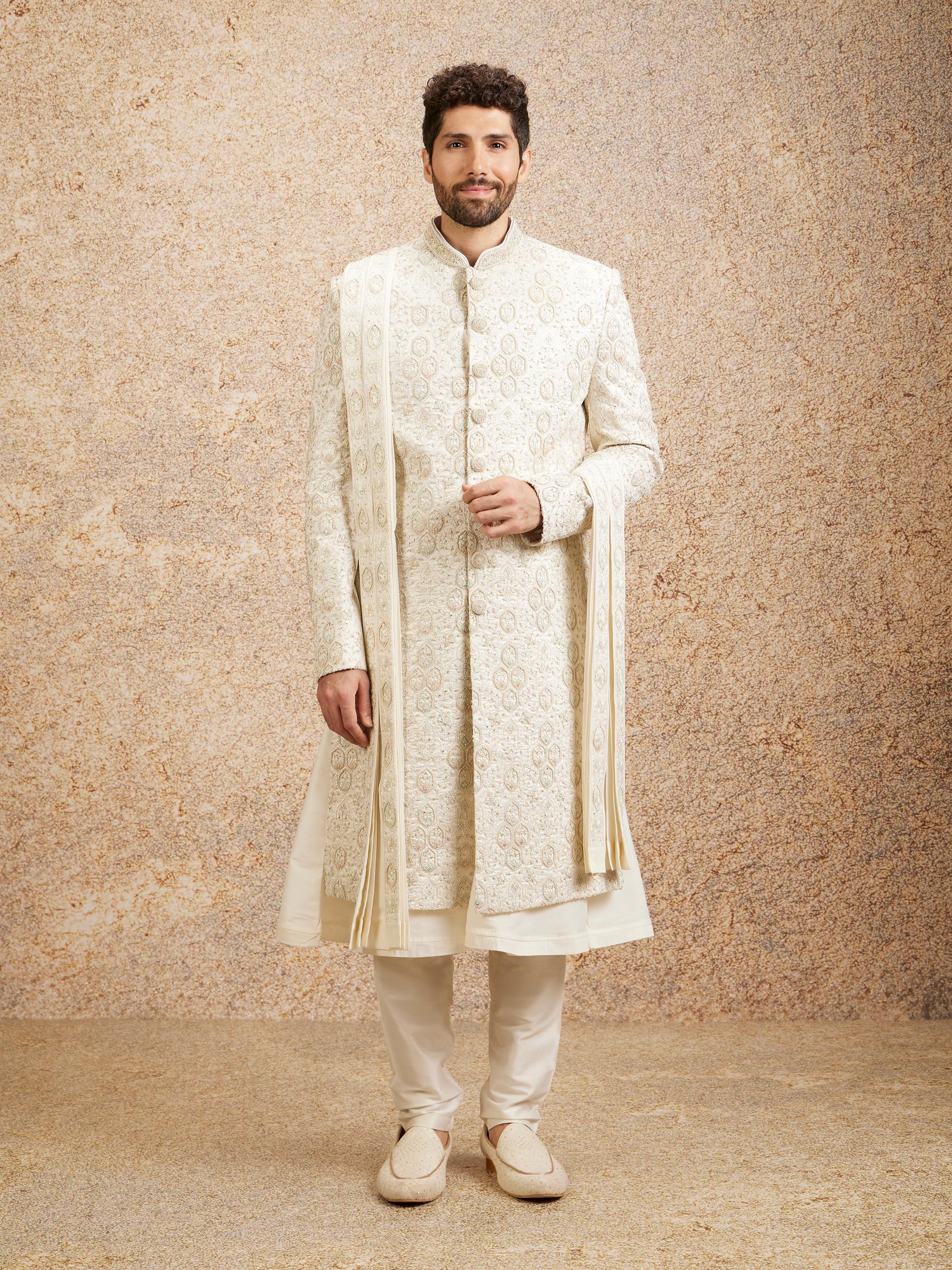 Twamev Men Regal Warm White Georgette Sherwani