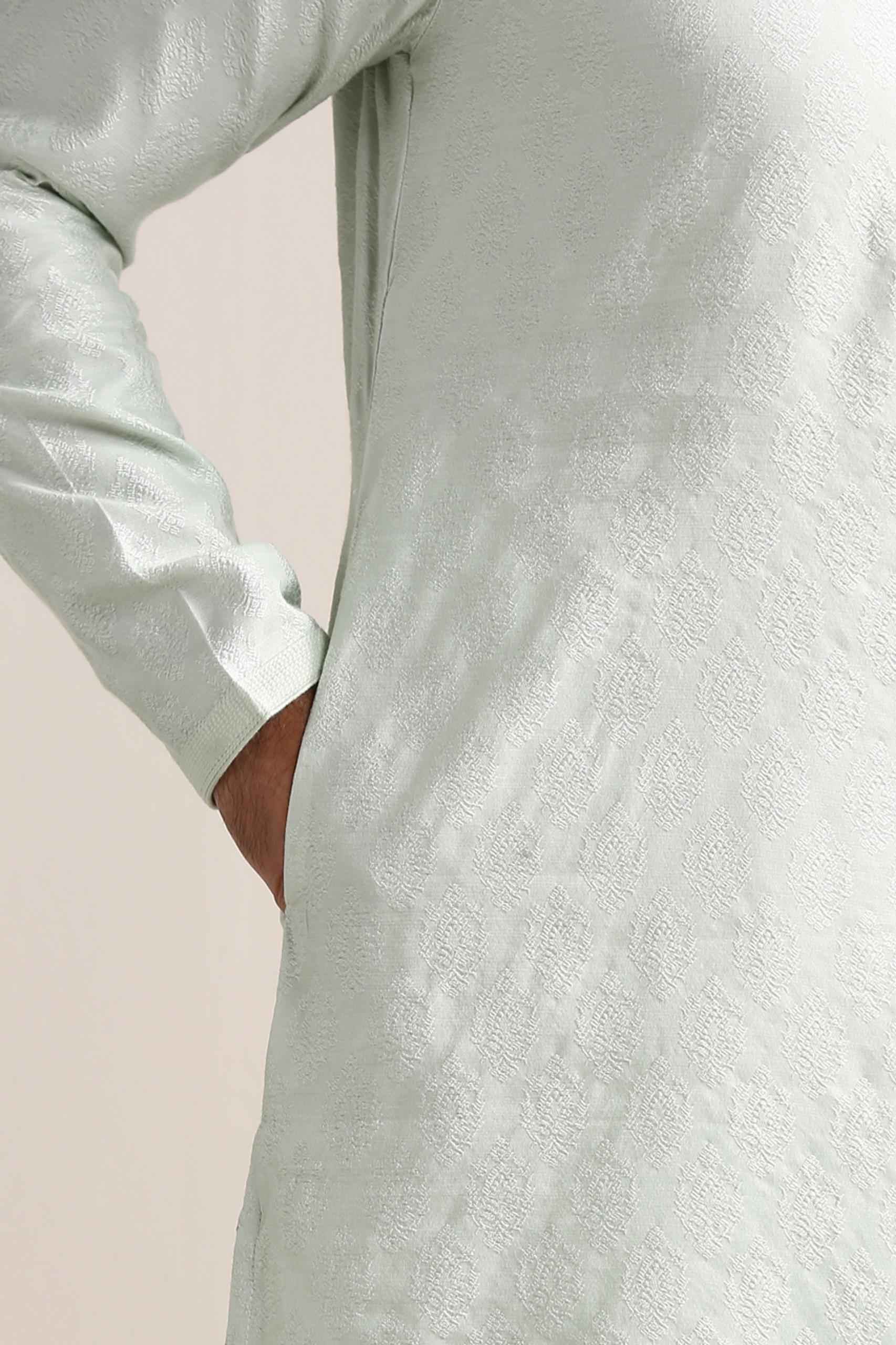Twamev Men Pale Aqua Green Jacquard Patterned Kurta Set