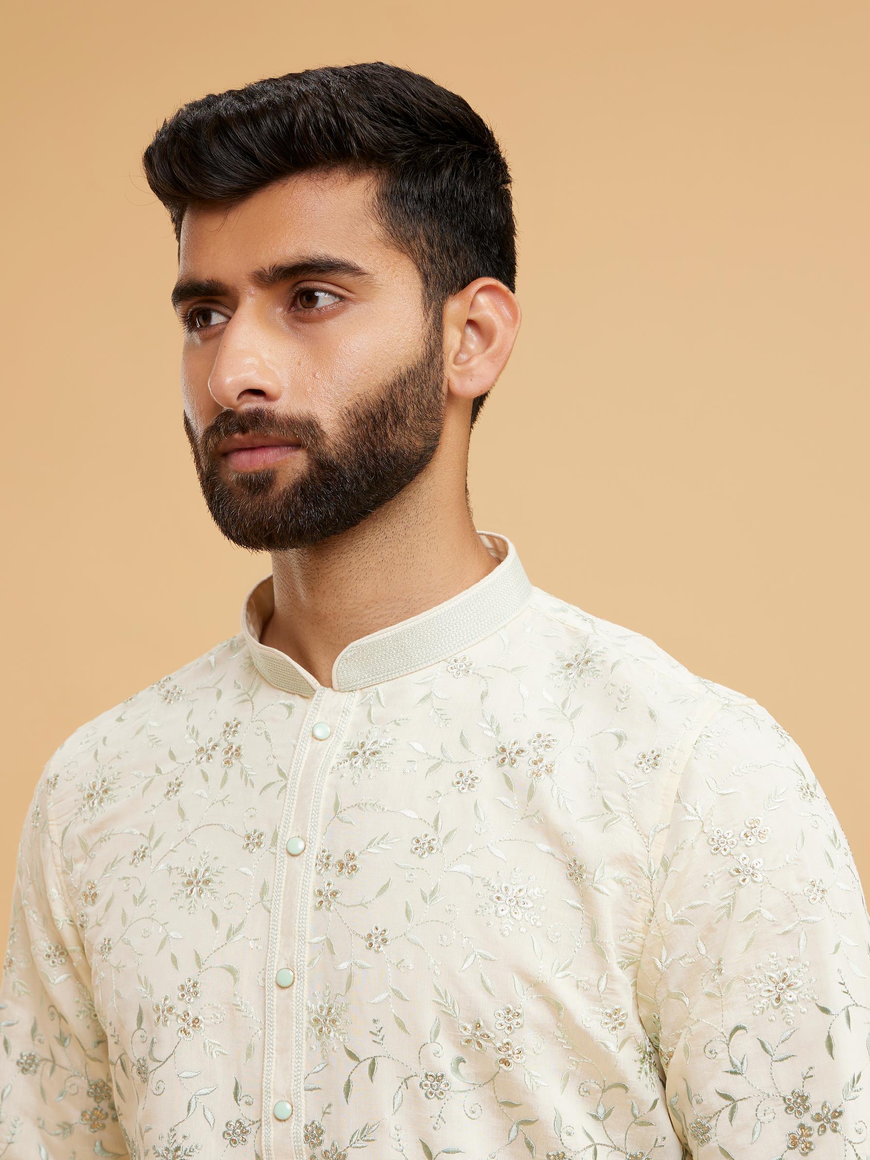 Twamev Men Exquisite Cream and Green Kurta Pajama