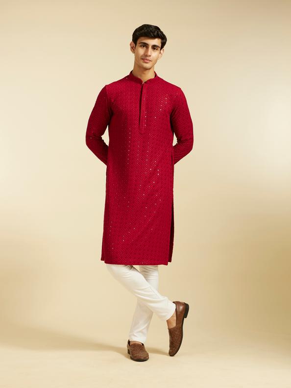 Diwas Men Maroon Red Chikankari Kurta with Sequin