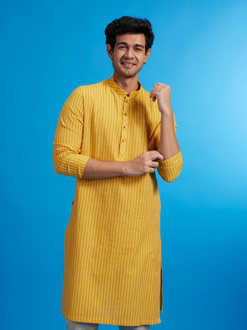 Diwas Men Mustard Yellow Linear Patterned Striped Kurta