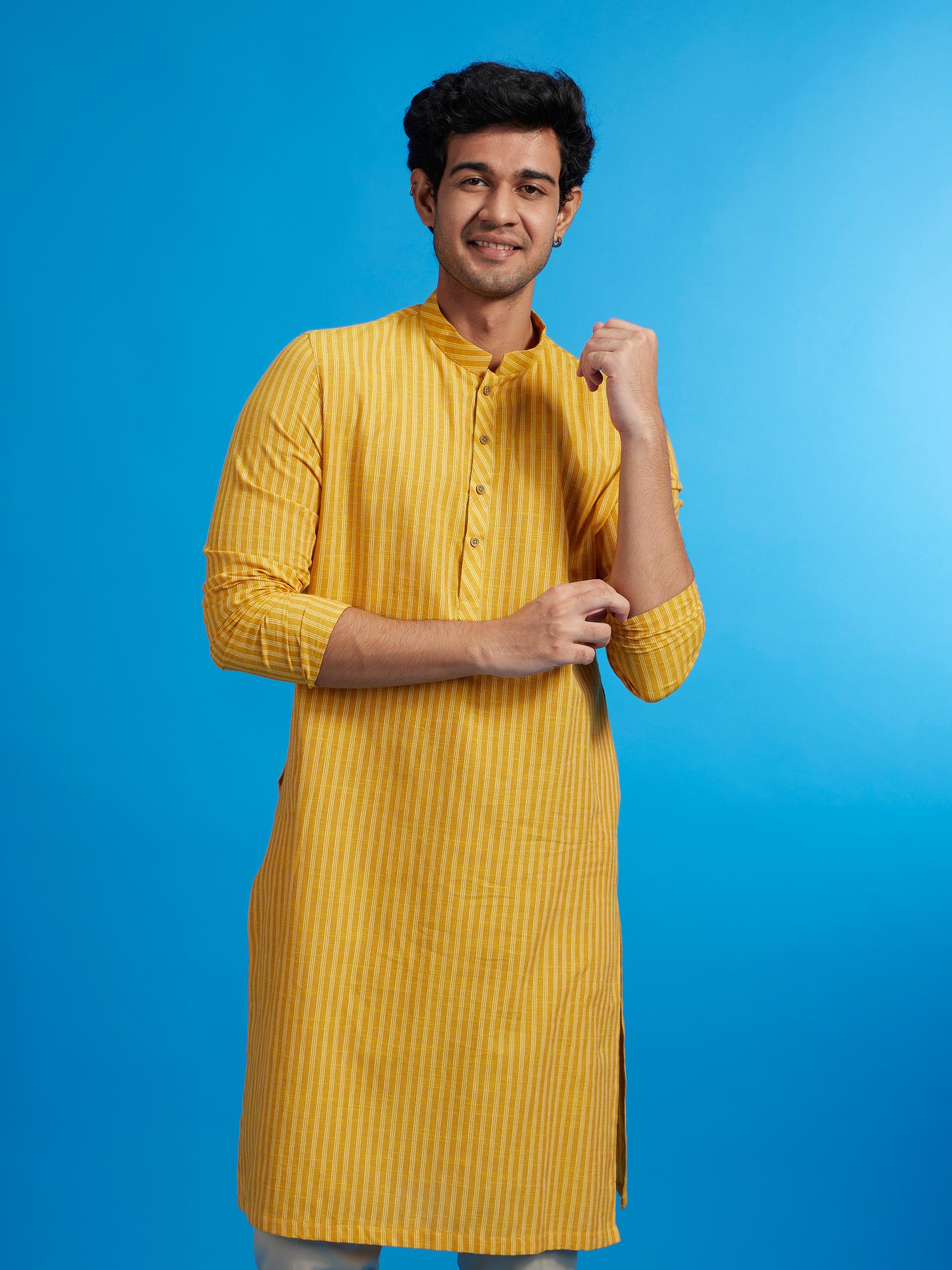 Diwas Men Mustard Yellow Linear Patterned Striped Kurta
