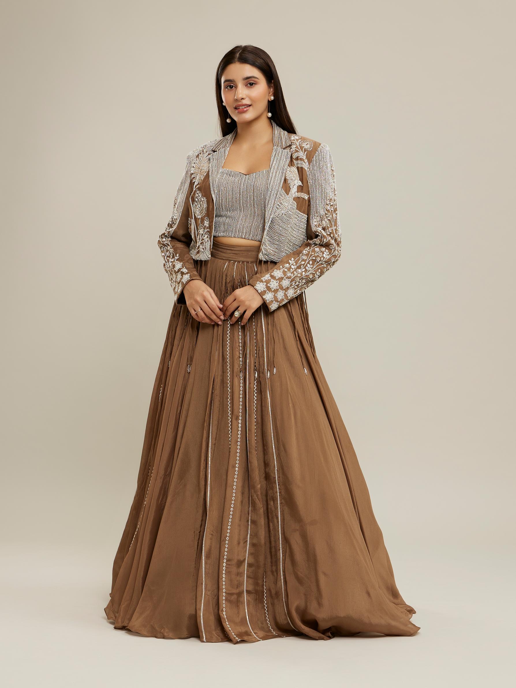 Twamev Women Glamorous Fawn Chiffon Indo Western