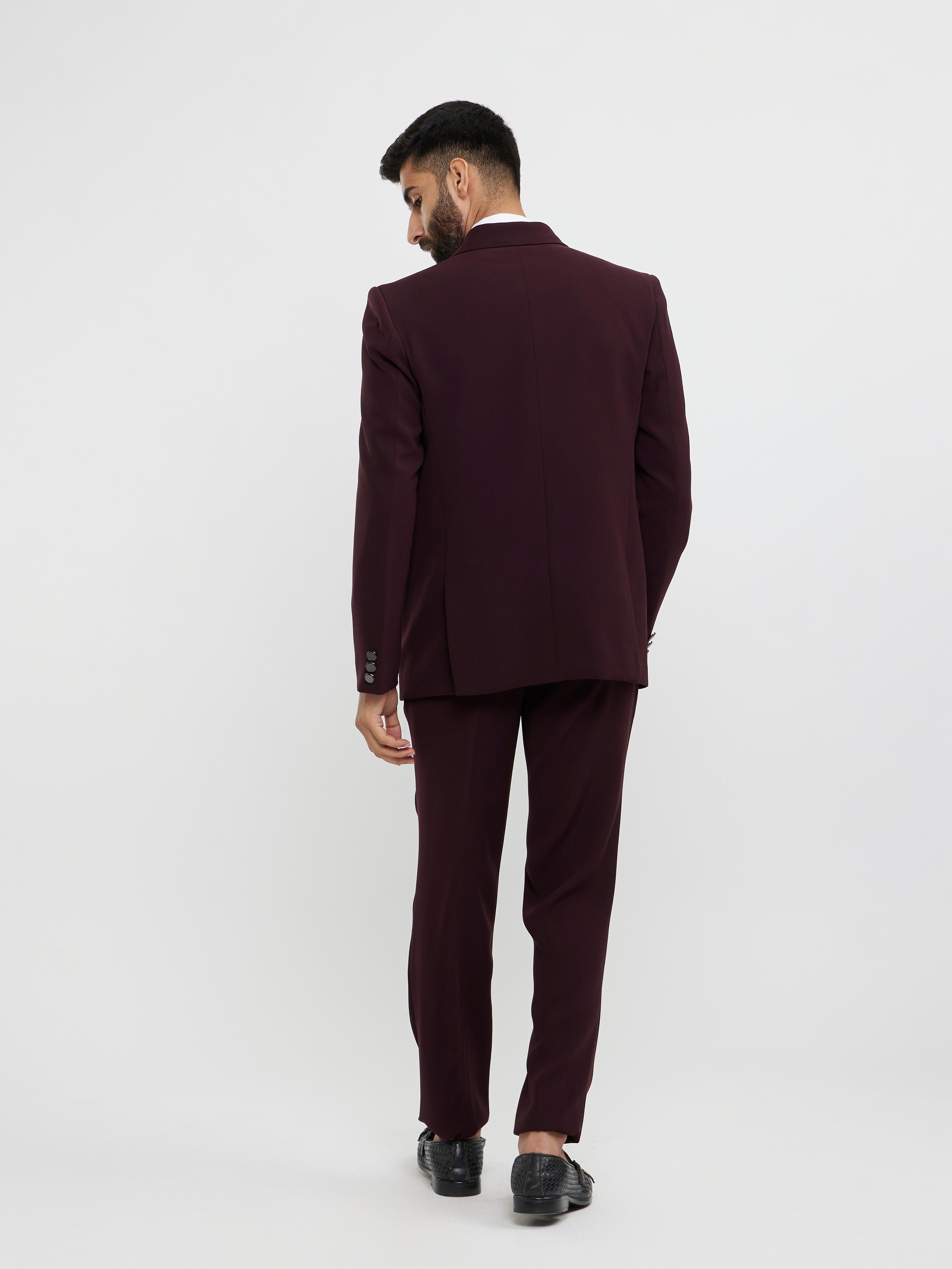 Twamev Men Wine Red Plain Classic Suit Set with Cutdana Work