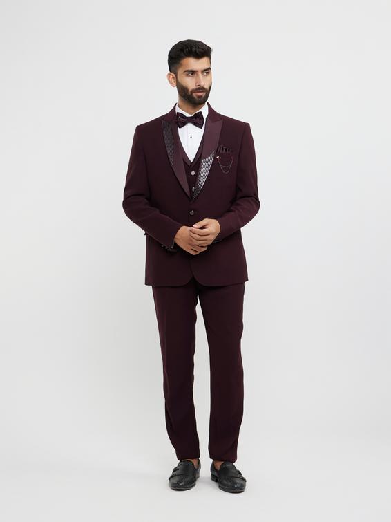 Twamev Men Wine Red Plain Classic Suit Set with Cutdana Work