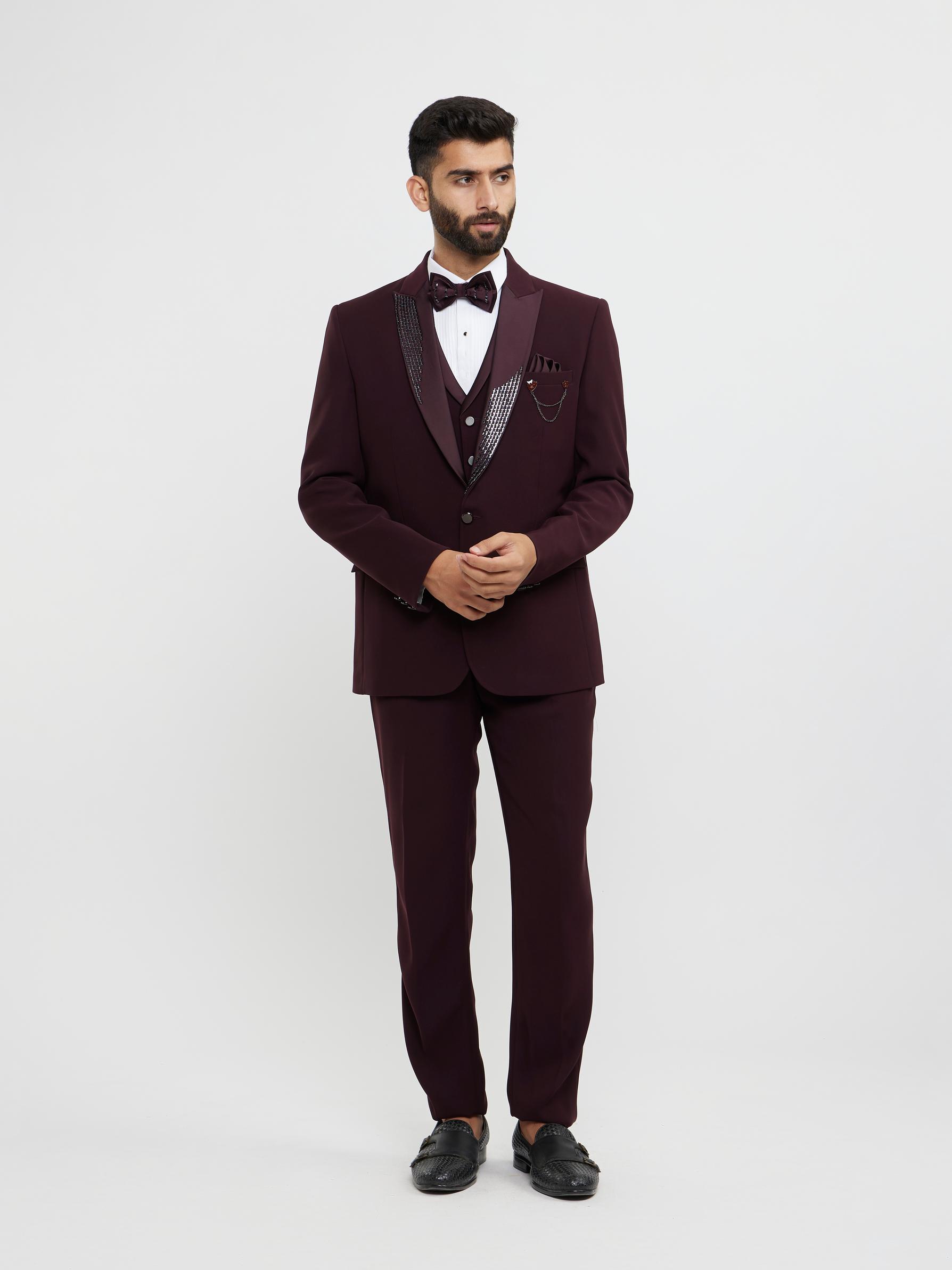 Twamev Men Wine Red Plain Classic Suit Set with Cutdana Work