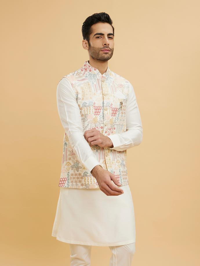 Twamev Men Cream White Jacket Set with a Medley of Geometrical And Floral Motifs
