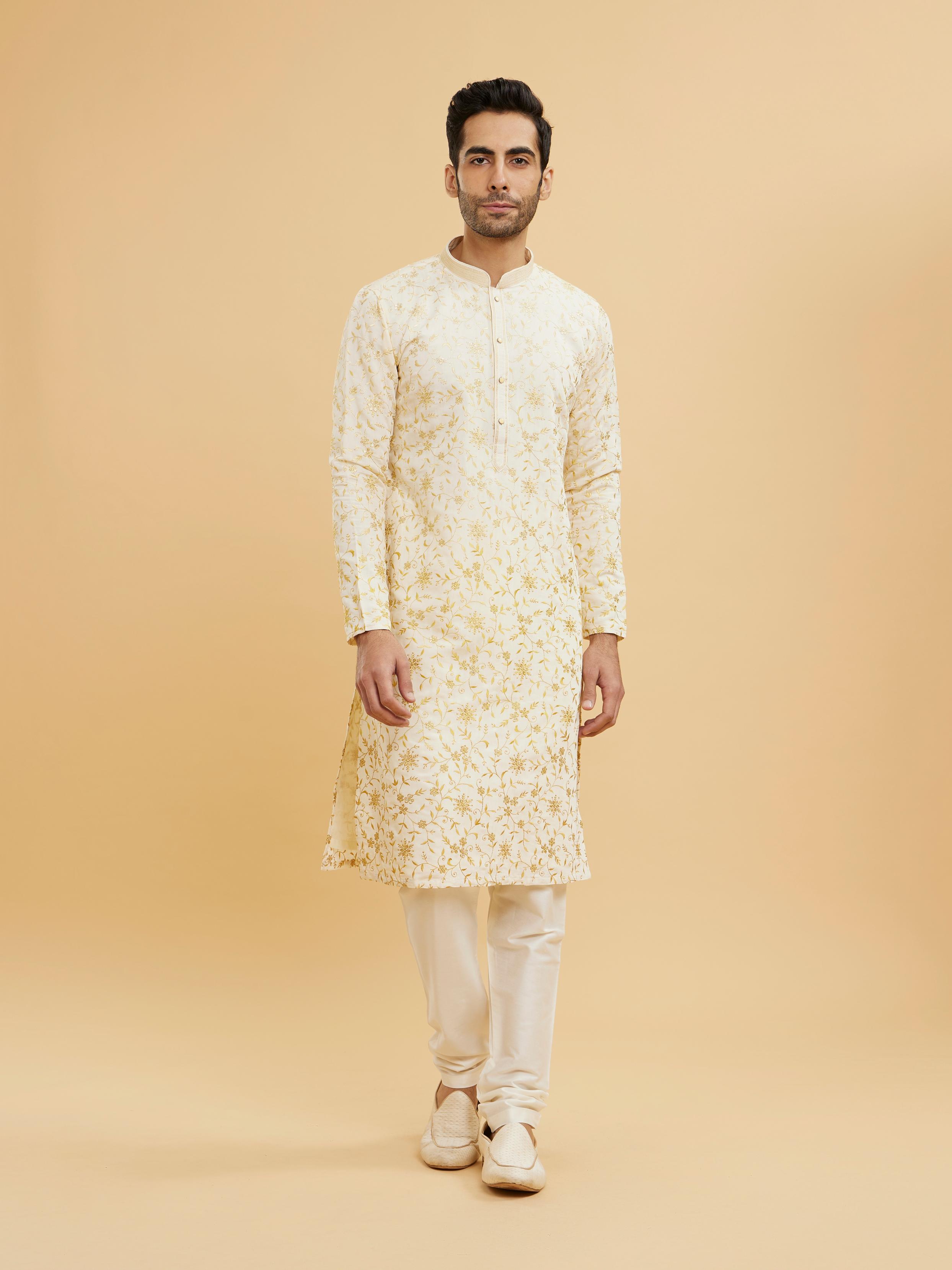 Twamev Men Yellow And Cream Bel Buti Patterned Kurta Set with Rhinestones