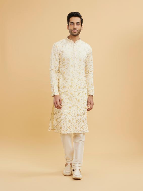 Twamev Men Yellow And Cream Bel Buti Patterned Kurta Set with Rhinestones